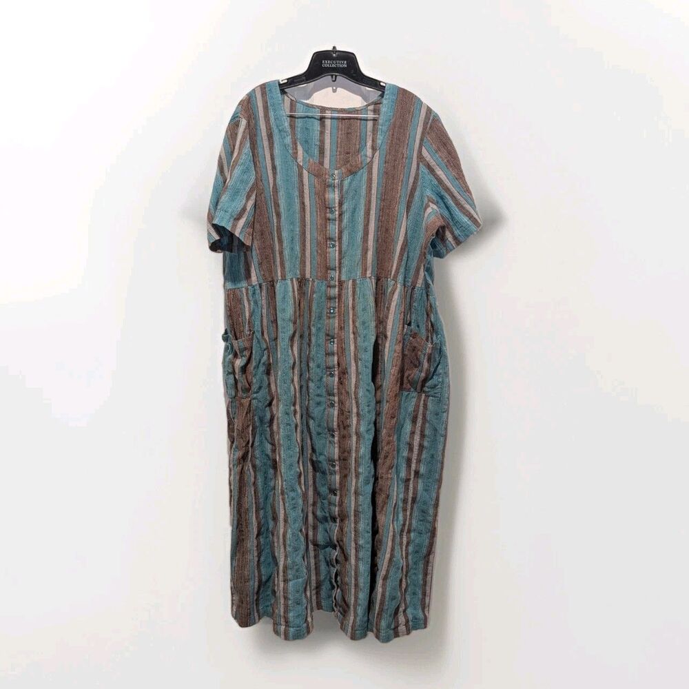 Plus Size‎ Boho Striped Maxi Dress Cottagecore Coastal Blue & Brown Striped
